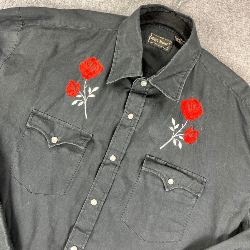 High Noon Western Shirt Mens XL Black Embroidered Rose Pearl Snap Long Sleeve